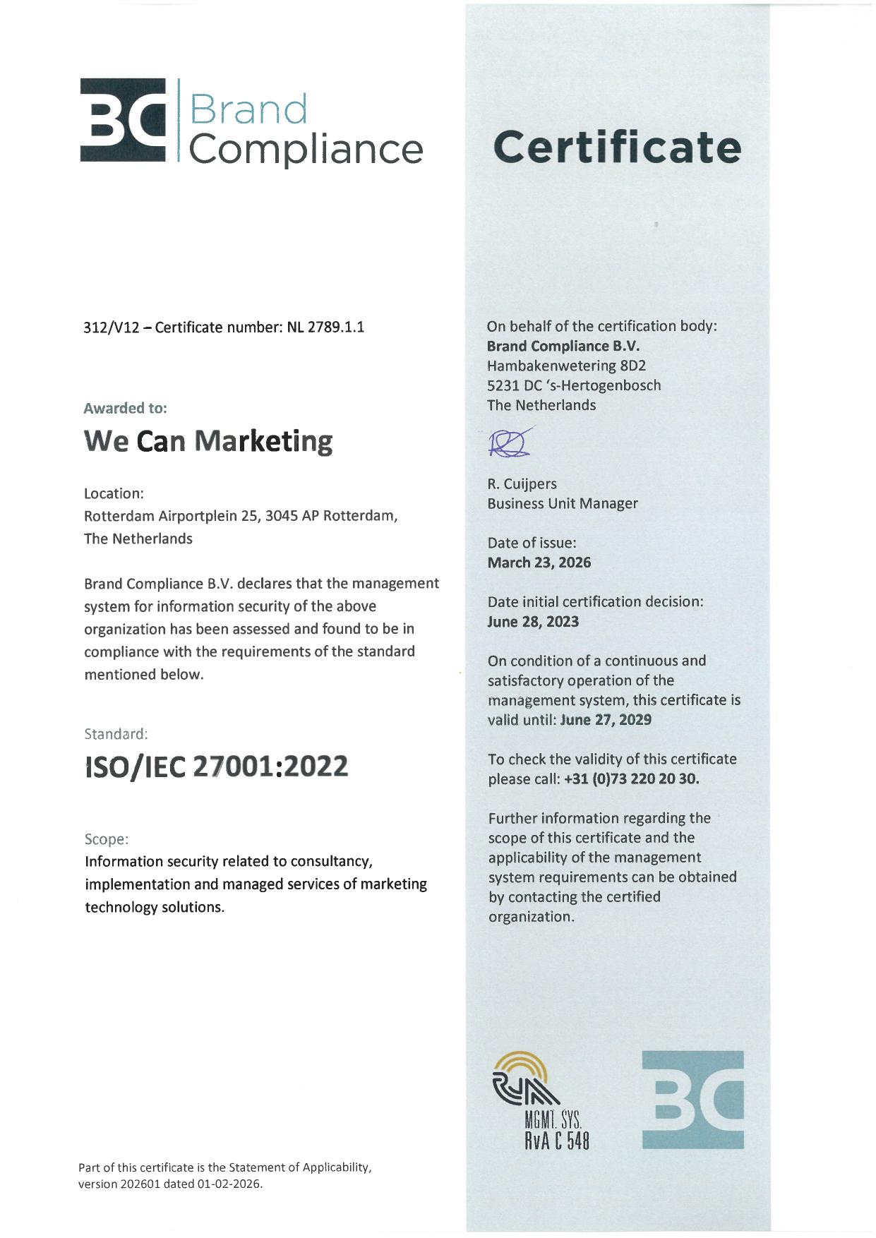 NL 2789.1.1 - We Can Marketing - ISO 27001 certificate, valid until June 27, 2029